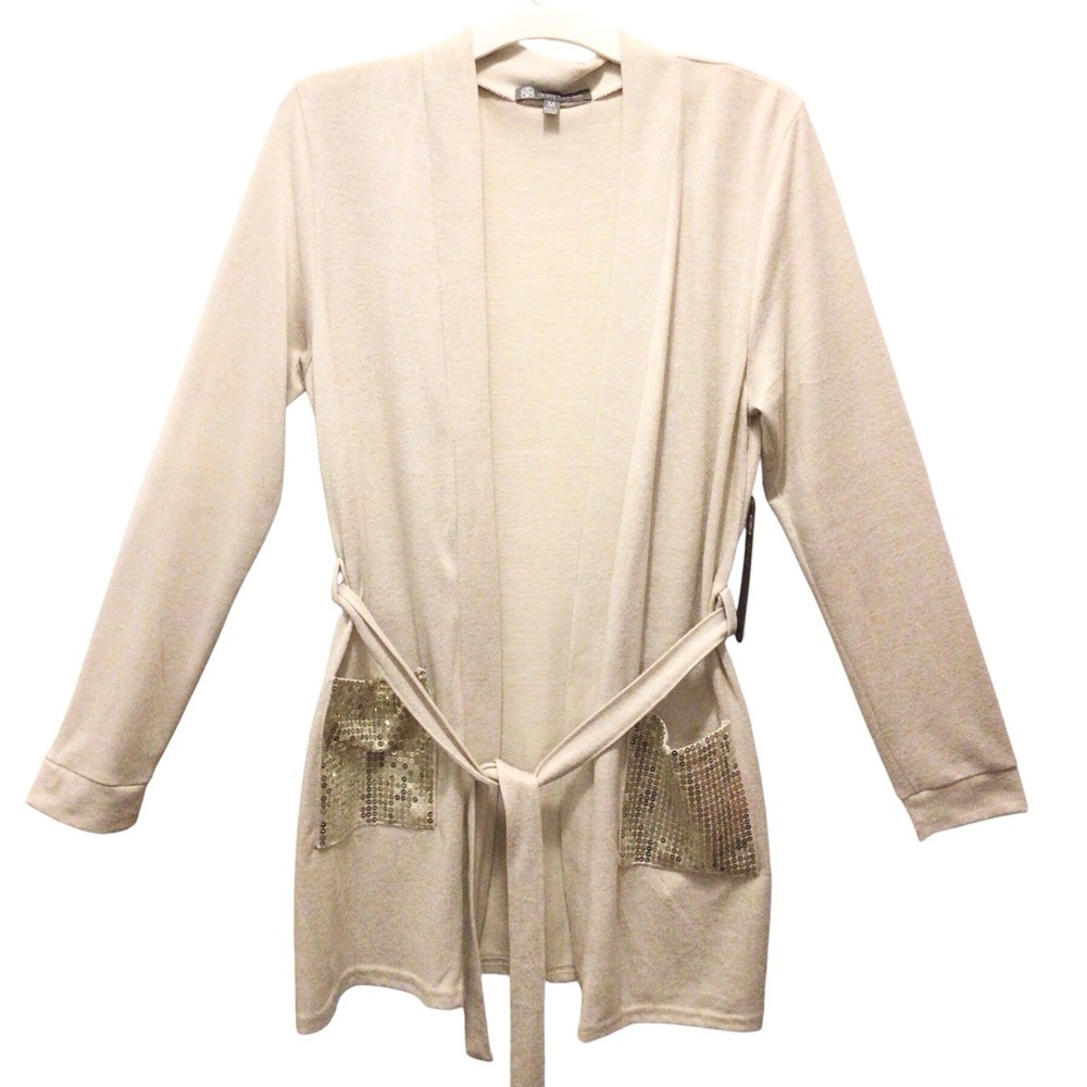 Daisy Fuentes Womens Tan Sequin Pocket Belted Cardigan Sweater Size Medium